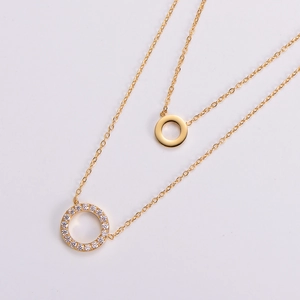 18K gold plated double layer necklace with polished small ring and pavé zircon large circle