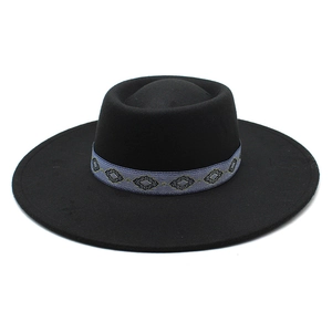Detail of wool felt wide brim hat featuring a blue geometric jacquard decorative ribbon