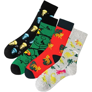 Détails de quatre paires de chaussettes en coton avec motifs méduse, jungle, guépard et dinosaure