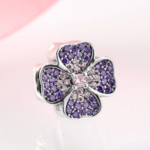 Sparkling S925 sterling silver four-leaf clover charm with pink and purple zircons