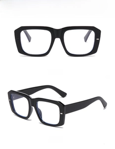 Front and side view of black square full-frame glasses with anti-blue light lenses
