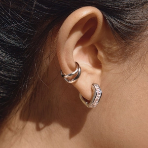 Silver stainless steel ear cuff set with geometric square zircon stone earrings on ear