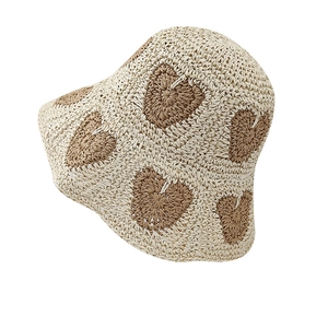 Foldable beige and khaki straw sun hat with heart crochet patterns for summer travel
