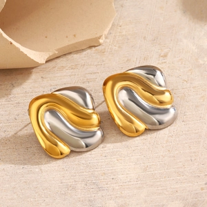 Minimalist square wave earrings in two-tone gold and silver polished stainless steel