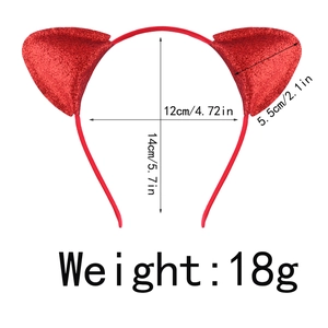Red glitter devil horn headband for girls with detailed size and weight measurements