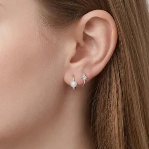 S925 sterling silver heart and star stud earrings set with shimmering zircon stones