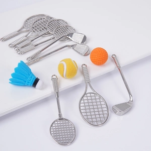 Miniature metal sports racket pendants including tennis and golf models for keychains