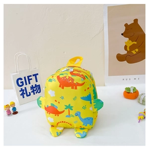 Close-up of cute cartoon dinosaur pattern and smooth double zipper on children backpack