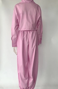 Back view of pink striped long-sleeve crop shirt and high-waisted joggers set