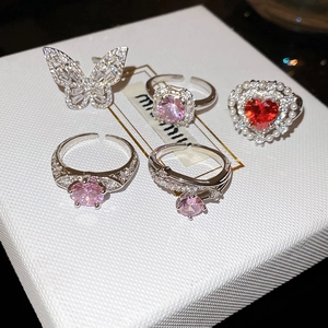 Adjustable Open Ring Zircon Butterfly Heart Square Round Copper Fashion Jewelry Women Pink Red Sparkling Accessory