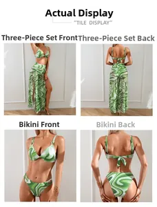 Three-piece bikini set with green abstract print including matching sheer cover-up pants