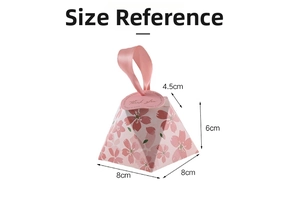 Pink pyramid gift box with cherry blossom print and size guide dimensions in cm