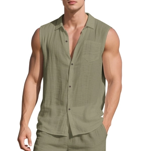 Men's casual olive green sleeveless linen shirt and shorts set with a relaxed beach vibe