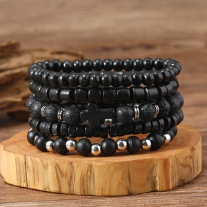 Men's Wood Beaded Bracelet Set Alloy Cross Pendant Volcanic Lava Stone Elastic Rope Retro Punk Jewelry Gift For Men