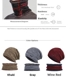 Detailed chart showing thick fleece lining and measurements for winter hat and neck warmer set