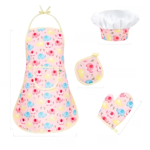 Detailed size view of pink elephant kids apron set with chef hat and cooking mittens