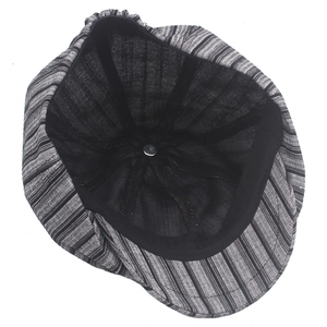 Striped cotton linen newsboy cap with breathable black inner lining and sweatband details
