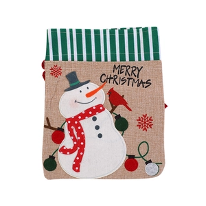 Linen Christmas drawstring gift bag with Merry Christmas text on white background