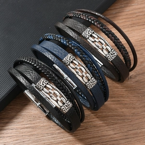 Vintage Men Multi Layer Leather Bracelet Alloy Chain Magnetic Buckle Hand Woven Retro Style Jewelry Accessory