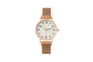 Detailed view of elegant rose gold ladies quartz watch with magnetic mesh strap