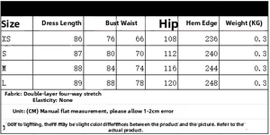 Size chart for halter backless dress including length, bust, waist, and hip measurements