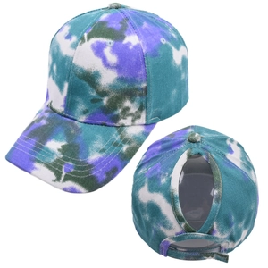 Detail of multi-color tie-dye ponytail baseball cap with a functional back opening