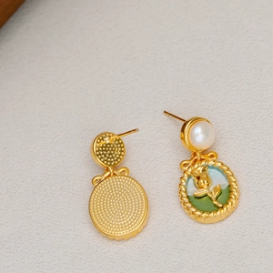 French vintage tulip pearl earrings with gold rose relief and enamel pendant