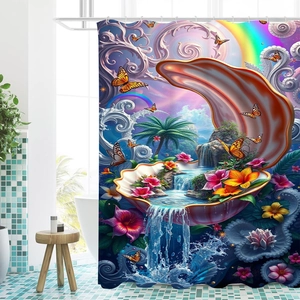 Detail eines 3D Duschvorhangs mit Fantasie-Muschel, Wasserfall und Schmetterlingsmuster
