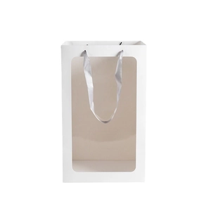 White paper gift bag with large clear window and silver ribbon handles for flowers and toys