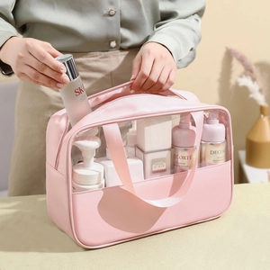 Clear Makeup Bag Waterproof Toiletry Case PU Leather Transparent Travel Cosmetic Organizer With Handle