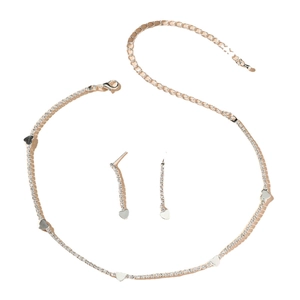 Sparkling rhinestone heart necklace and earrings set in polished silver finish