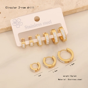 Gold stainless steel hoop earrings set with double row rhinestones in three sizes