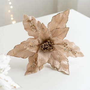 Fiore di poinsettia in velluto champagne 26cm con glitter per decorazione albero di Natale