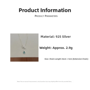 Detail specifications of S925 silver blue teardrop necklace showing material and 36+5cm size