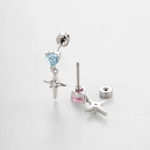 Titanium steel cross pendant earrings with blue and pink heart-shaped crystal studs
