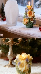 Detailed view of twin floral Christmas candle and its white silicone craft mold