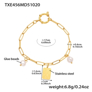 Detailed specs of a gold stainless steel link bracelet with pendant and dimensions