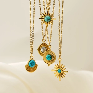French vintage 18K gold stainless steel necklaces with turquoise star pendants