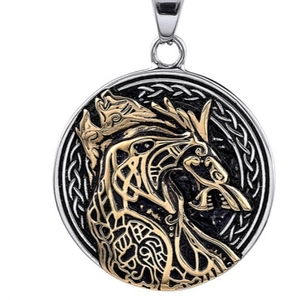 Nordic Viking wolf totem pendant in silver and gold stainless steel on white background