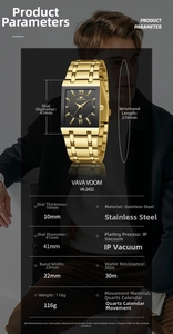 Detail view of square gold business watch with black dial and luminous roman numerals