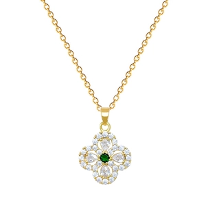 Luxurious gold stainless steel four-leaf clover necklace with green and white zircon stones