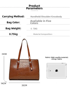 Brown crocodile embossed tote bag dimensions 35x14x24cm shown with 9.7-inch iPad size comparison