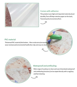 Detailed view of waterproof PVC floor tiles showing thickness and adhesive backing layer