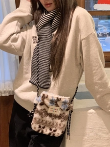 Fleece crossbody bag with blue and brown patterns for autumn and winter casual wear