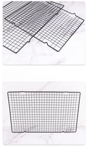 Close-up of stackable black non-stick baking cooling rack with mesh grid and sturdy edges
