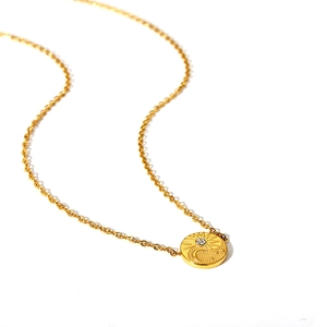 18K gold plated stainless steel sun and moon embossed pendant necklace with zircon crystals