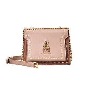 Retro bee tote bag in pink leather with gold chain strap and contrast trim details