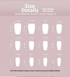 Size chart showing 24 pieces of short ballerina press-on nails in 12 different dimensions