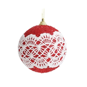 8cm red glitter Christmas ball ornament with white lace overlay and gold hanging string