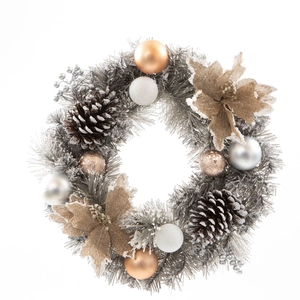 40cm Nordic silver grey Christmas wreath with gold baubles and pine cones on white background